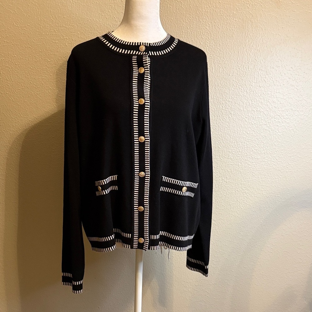 Adrianna Papell Black and White Cardigan with Button Accents - Picture 3 of 12